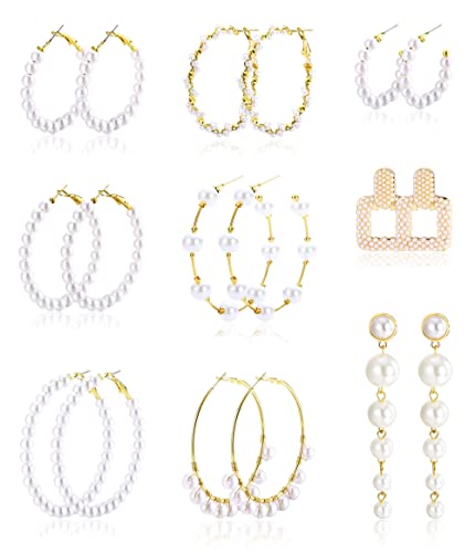 Kakonia 9 Paar Perlenohrringe Set für Frauen Faux Pearl Hoop Earrings Pearl Dangle Gold Plated Lightweight Drop Earrings Open Large Circle Round Pearl Earrings Jewelry Birthday Gift von Kakonia