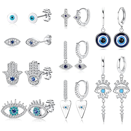 Kakonia 9 Paar Türkisches Auge Ohrringe Set Silber Vergoldet Baumeln Hoop Ohrringe Hypoallergen Ohrstecker für Frauen Türkisches Auge Schmuck von Kakonia