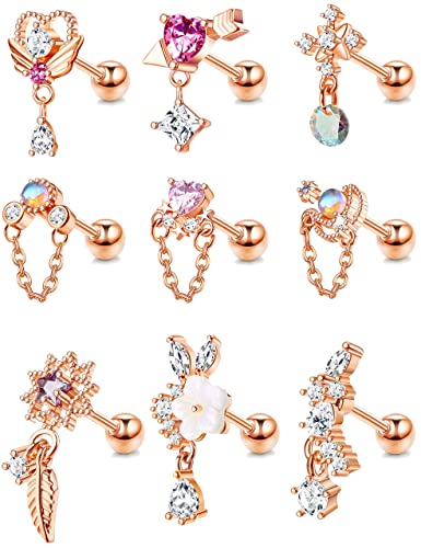 Kakonia 9 Pcs 16G Dangle Knorpel Ohrringe für Frauen Edelstahl Ohrstecker Herz Pfeil Feder Schneeflocke Flügel CZ Dangling Knorpel Ohrringe Tragus Conch Helix Piercing Schmuck von Kakonia