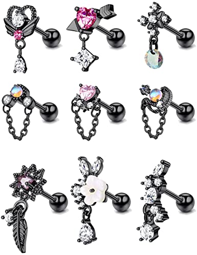 Kakonia 9 Pcs 16G Dangle Knorpel Ohrringe für Frauen Edelstahl Ohrstecker Herz Pfeil Feder Schneeflocke Flügel CZ Dangling Knorpel Ohrringe Tragus Conch Helix Piercing Schmuck von Kakonia