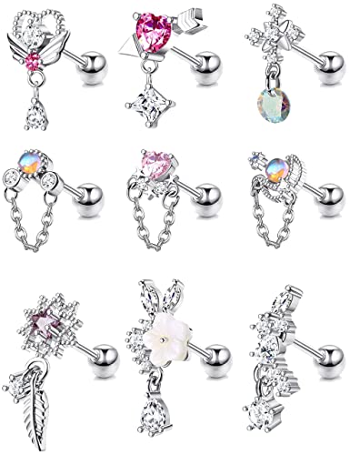 Kakonia 9 Pcs 16G Dangle Knorpel Ohrringe für Frauen Edelstahl Ohrstecker Herz Pfeil Feder Schneeflocke Flügel CZ Dangling Knorpel Ohrringe Tragus Conch Helix Piercing Schmuck von Kakonia