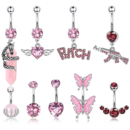 Kakonia 9 Stück Bauchnabelpiercing für Damen,14G Edelshtahl Bauchnabel Piercing Schmuck, Dangling Rosa CZ Gebogene Nabel Ringe Barbell Body Piercing Schmuck von Kakonia