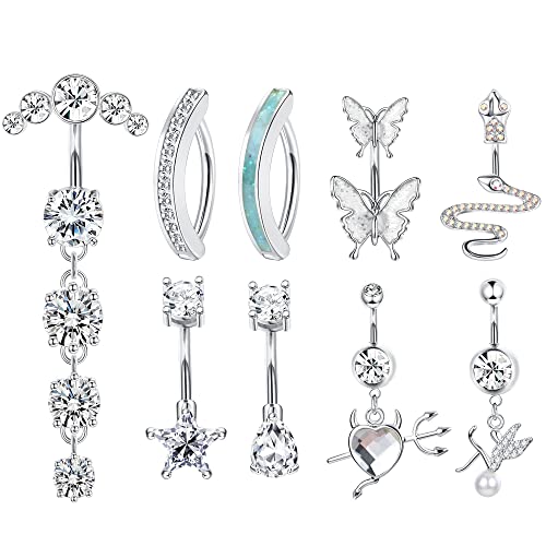 Kakonia 9 Stück 14G Bauchnabelpiercing für Damen Gold Silber Rosegold Chirurgenstahl Edelstah Nabelpiercing Ring Clicker mit Anhänger CZ Bauchnabelringe Piercing Schmuck Set 8MM von Kakonia