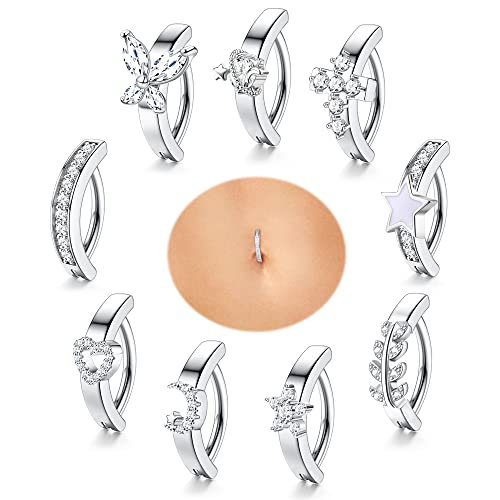 Kakonia 9 Stück 14G Clicker Bauchnabelpiercing Barbell Chirurgenstahl Fake Piercing Bauchnabel für Damen Fashion Herz/Schmetterling/CZ Bauchnabelring Piercing Schmuck von Kakonia