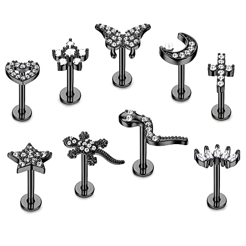 Kakonia 9 Stück 16G Cartilage Ohrstecker 316L Edelstahl Helix Tragus Conch Labret Medusa Lip Piercing Schmuck CZ Schlange Herz Cartilage Ohrstecker für Damen Herren Frauen von Kakonia