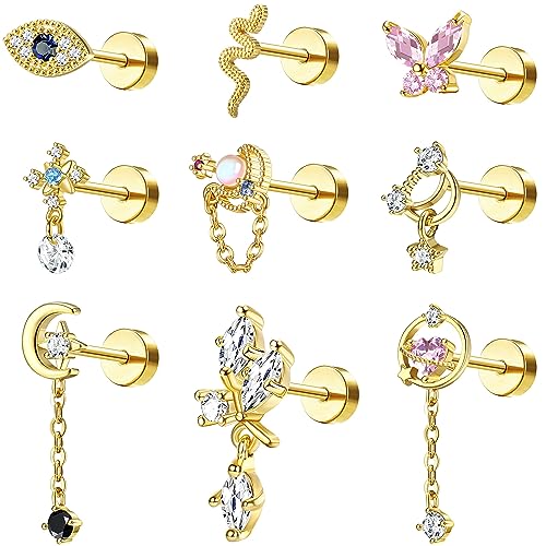 Kakonia 9-teiliges 16G Helix Piercing Set für Damen - Chirurgenstahl Schmetterling Tragus Piercing Gold Dangle Flat Ohrstecker Knorpel Helix Tragus Conch Ohrringe von Kakonia