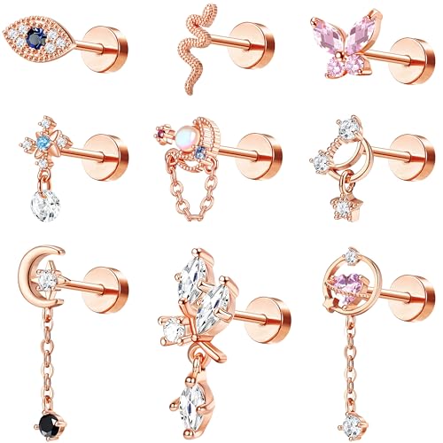 Kakonia 9 Stück 16G Helix Piercings für Damen Chirurgenstahl Ohr Piercing Schmetterling Tragus Piercing Roségold Dangle Flat Piercing Ohrstecker Knorpel Helix Tragus Conch Ohrringe Set von Kakonia
