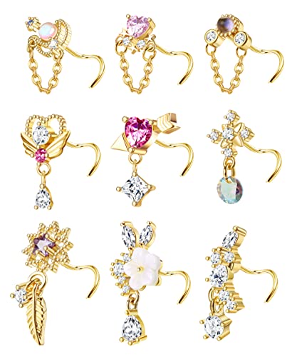 Kakonia 9 Stück 20G Baumeln Nasenpiercing Schmuck für Damen 316L Edelstahl Nasenpiercing Stecker Herz Pfeil Feder Schneeflocke Flügel CZ Dangling Nase Piercing Schmuck von Kakonia