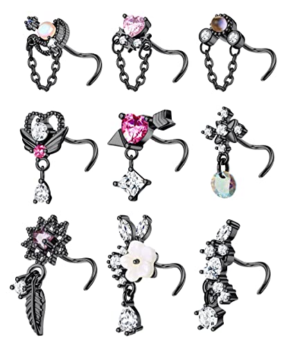 Kakonia 9 Stück 20G Baumeln Nasenpiercing Schmuck für Damen 316L Edelstahl Nasenpiercing Stecker Herz Pfeil Feder Schneeflocke Flügel CZ Dangling Nase Piercing Schmuck von Kakonia