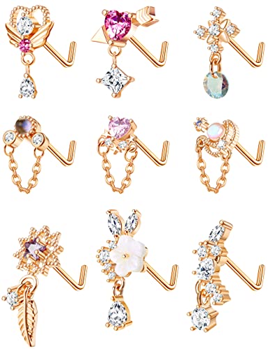 Kakonia 9 Stück 20G Baumeln Nasenpiercing Schmuck für Damen 316L Edelstahl Nasenpiercing Stecker Herz Pfeil Feder Schneeflocke Flügel CZ Dangling Nase Piercing Schmuck von Kakonia