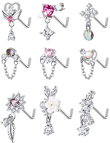 Kakonia 9 Stück 20G Baumeln Nasenpiercing Schmuck für Damen 316L Edelstahl Nasenpiercing Stecker Herz Pfeil Feder Schneeflocke Flügel CZ Dangling Nase Piercing Schmuck von Kakonia