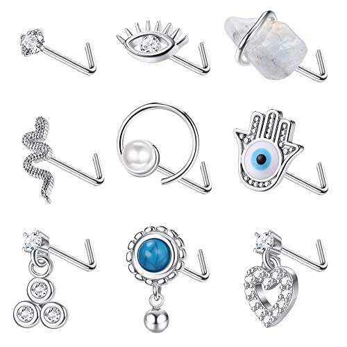 Kakonia 9 Stück 20G Baumeln Nasenpiercing Schmuck für Damen 316L Edelstahl L-Form Nasenpiercing Stecker Herz Schlange Dangling Nase Piercing Schmuck von Kakonia