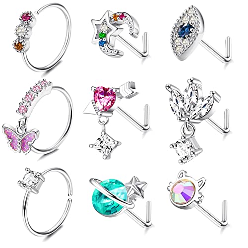 Kakonia 9 Stück 20G Baumeln Nasenpiercing Schmuck für Damen 316L Edelstahl L-Form Nasenpiercing Stecker Schmetterling Dangling Nase Piercing Schmuck von Kakonia