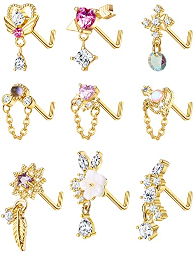 Kakonia 9 Stück 20G Baumeln Nasenpiercing Schmuck für Damen 316L Edelstahl Nasenpiercing Stecker Herz Pfeil Feder Schneeflocke Flügel CZ Dangling Nase Piercing Schmuck von Kakonia