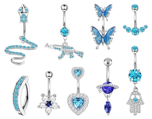 Kakonia 9 Stück Bauchnabelpiercing für Damen,14G Edelshtahl Bauchnabel Piercing Schmuck,Dangling Blau CZ Gebogene Nabel Ringe Barbell Body Piercing Schmuck von Kakonia