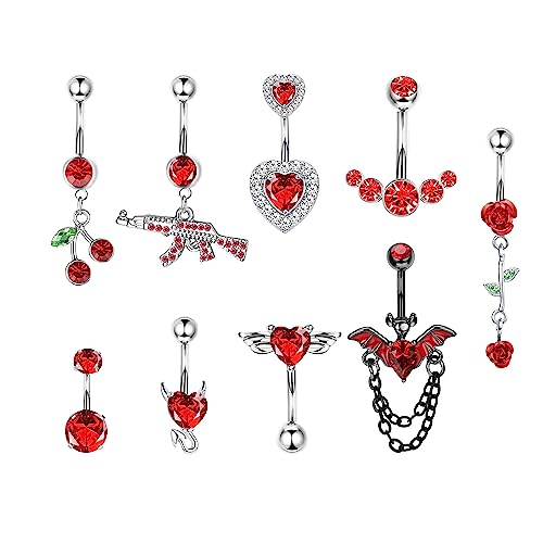 Kakonia 9 Stück Bauchnabelpiercing für Damen,14G Edelshtahl Bauchnabel Piercing Schmuck, Dangling Rot CZ Gebogene Nabel Ringe Barbell Body Piercing Schmuck von Kakonia