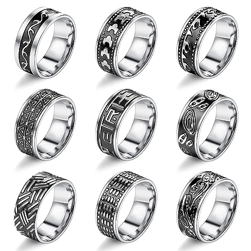 Kakonia 9 Stück Edelstahl Ringe für Männer Frauen Plain Band Herren Ringe Fidget Cool Totem Ringe Silber Vintage Herrenringe Set 11 von Kakonia