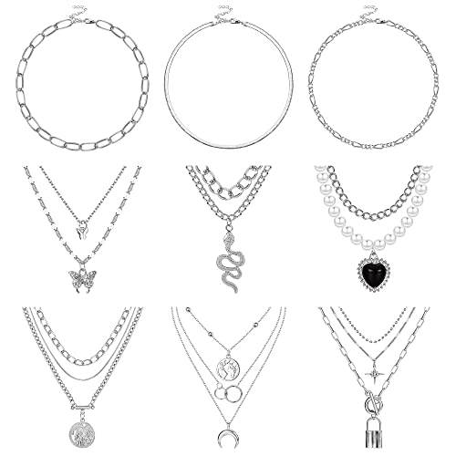 Kakonia 9 Stück Halskette Damen y Halskette Damen Legierung Initial Necklace Mehrlagige Kette Halskette Silber y Halskette Damen von Kakonia