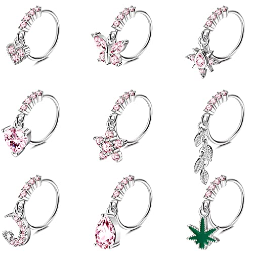 Kakonia 9 Stück Nasenpiercing für Damen Herren Edelshtahl Baumeln Nasenpiercing Ring Dangling Herz/Rosa CZ/Mond/Schmetterling Nasen Piercing Schmuck von Kakonia