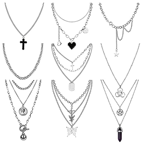 Kakonia 9 Stück Punk Layer Halskette Kette für Damen Heren Silber Cool Y2K Emo Goth Punk Layered Halsketten Schmetterling Herz Schwarz Kristall Anhänger Kette Multilayer Choker von Kakonia