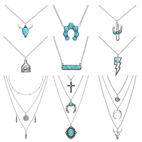 Kakonia 9 Stück Western Halsketten Set für Frauen Türkis Halskette Cowboy Cowgirl Boho Lightning Cattle Tag Bar Anhänger Halskette Schmuck Set von Kakonia