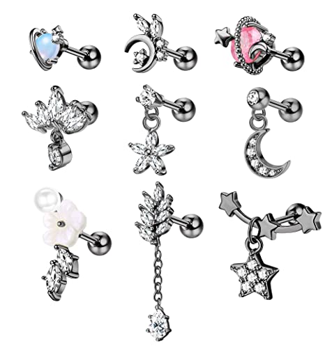 Kakonia 9stk 16G Piercing Ohr für Damen 316L Edelstahl Vergoldet CZ Baumeln Ohrringe Conch Helix Piercing Tragus Knorpel Ohrstecker Schwarz von Kakonia