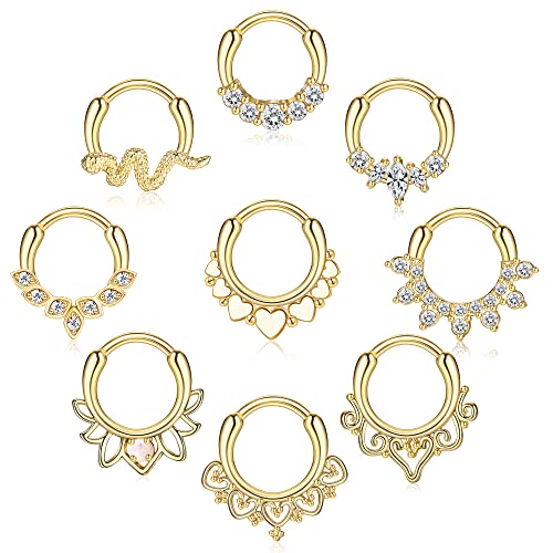 Kakonia 9 Stücke Septum Schmuck 16G Daith Ohrringe Hinged Hoop Nasenringe 316L Edelstahl Septum Clicker CZ Ringe für Frauen Knorpel Helix Tragus Rook Hoop Daith Ohrringe 8MM Gold von Kakonia