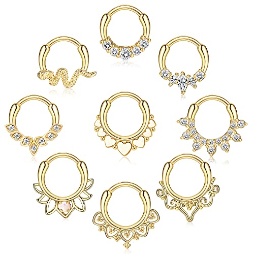 Kakonia 9 Stücke Septum Schmuck 16G Daith Ohrringe Hinged Hoop Nasenringe 316L Edelstahl Septum Clicker CZ Ringe für Frauen Knorpel Helix Tragus Rook Hoop Daith Ohrringe 8MM Gold von Kakonia