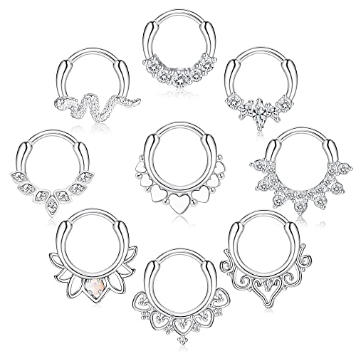 Kakonia 9 Stücke Septum Schmuck 16G Daith Ohrringe Hinged Hoop Nasenringe 316L Edelstahl Septum Clicker CZ Ringe für Frauen Knorpel Helix Tragus Rook Hoop Daith Ohrringe 8MM Silber von Kakonia