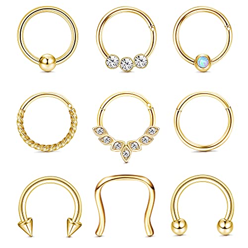 Kakonia 9stk Septum Piercing 16G Nasenpiercing Ring Daith Ohrringe Creolen Nasenring Hufeisen Edelstahl Septum Ringe für Frauen Helix Tragus Lippenknorpel Ohrringe Silber Rose Gold von Kakonia