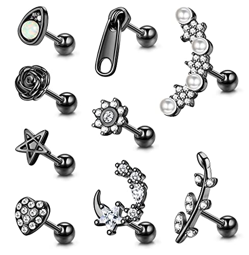 Kakonia 9stk 16G Edelstahl Piercing Ohr für Damen Egirls Conch Helix Piercing Tragus Piercing Schmuck Polierter Opal CZ Ohrringe Ohrstecker Schwarz von Kakonia