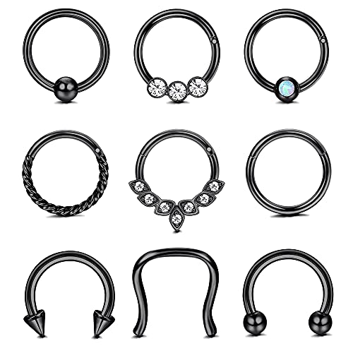 Kakonia 9stk Septum Piercing 16G Nasenpiercing Ring Daith Ohrringe Creolen Nasenring Hufeisen Edelstahl Septum Ringe für Frauen Helix Tragus Lippenknorpel Ohrringe Silber Rose Gold von Kakonia