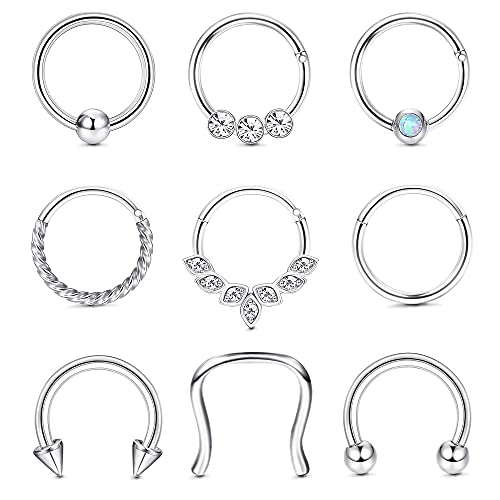 Kakonia 9stk Septum Piercing 16G Nasenpiercing Ring Daith Ohrringe Creolen Nasenring Hufeisen Edelstahl Septum Ringe für Frauen Helix Tragus Lippenknorpel Ohrringe Silber Rose Gold von Kakonia