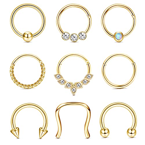 Kakonia 9stk Septum Piercing 16G Nasenpiercing Ring Daith Ohrringe Creolen Nasenring Hufeisen Edelstahl Septum Ringe für Damen Helix Tragus Lippenknorpel Ohrringe Gold 10MM von Kakonia