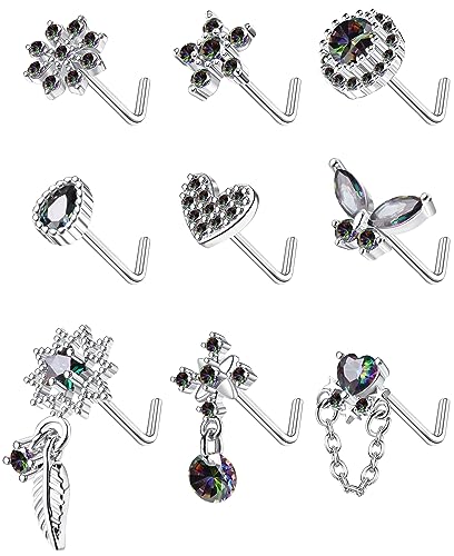 Kakonia 9Pcs Nasenstecker 20G Edelstahl L-förmige Nase Ringe für Frauen niedlich baumeln Schmetterling Herz Stern Feder Blume Bunte CZ Nasenpiercing Schmuck von Kakonia