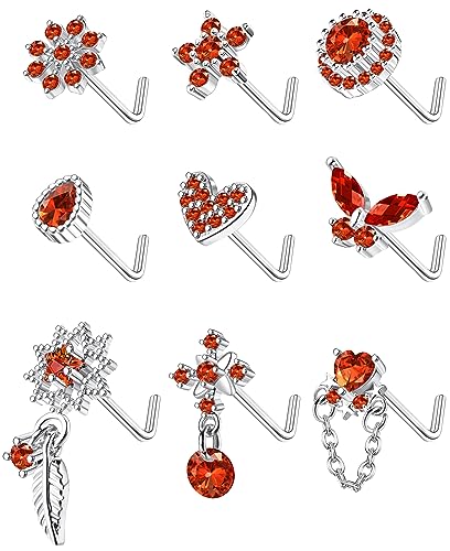 Kakonia 9Pcs Nasenstecker 20G Edelstahl L-förmige Nase Ringe für Frauen niedlich baumeln Schmetterling Herz Stern Feder Blume Rot CZ Nasenpiercing Schmuck von Kakonia