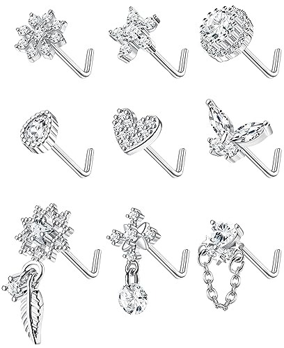 Kakonia 9Pcs Nasenstecker 20G Edelstahl L-förmige Nase Ringe für Frauen niedlich baumeln Schmetterling Herz Stern Feder Blume weiß CZ Nasenpiercing Schmuck von Kakonia