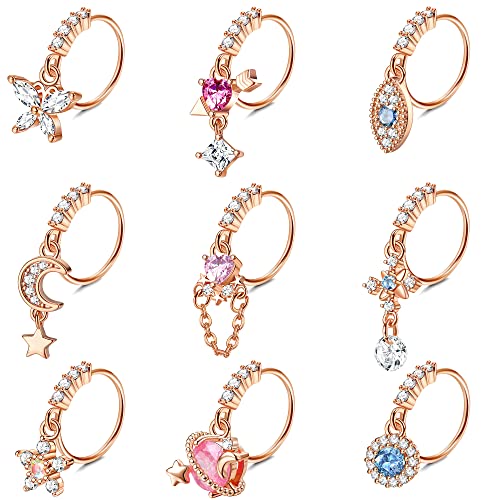 Kakonia 9stk 20G Baumelnde Nasenpiercing Ring für Damen Schmetterling Herz Pfeil Böser Blick Mond Stern CZ Nasenring Piercing Knorpelohrring Nostril Piercing Ring Gold Silber Roségold Schwarz von Kakonia