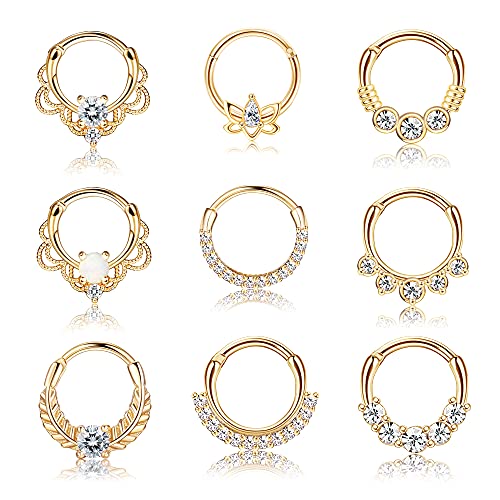 Kakonia 9Stk Septum Piercing Chirurgenstahl für Damen Herren 16G CZ Nasenpiercing Ring Tragus Helix Daith Piercing Schmuck Gold Septum Clicker Ring Set 8MM von Kakonia