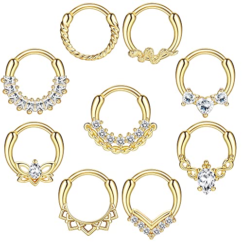 Kakonia 9stk Septum Piercing Chirurgenstahl für Damen Herren 16G Zirkonia Nasenpiercing Ring Tragus Daith Helix Piercing Ring Gold Septum Piercing Set von Kakonia