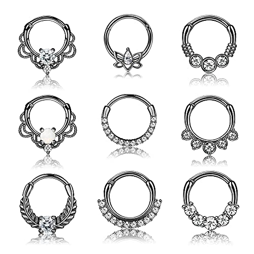 Kakonia 9Stk Septum Piercing Chirurgenstahl für Damen Herren 16G Zirkonia Nasenpiercing Ring Tragus Helix Daith Piercing Schmuck Schwarz Septum Clicker Ring Set 8MM von Kakonia