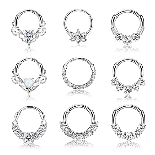 Kakonia 9Stk Septum Piercing Chirurgenstahl für Damen Herren 16G Zirkonia Nasenpiercing Ring Tragus Helix Daith Piercing Schmuck Silber Septum Clicker Ring Set 10MM von Kakonia