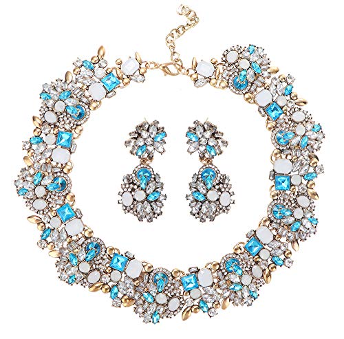 Kakonia Bib Statement Halskette für Damen Chunky Choker Halskette und Ohrringe Set Strass Vintage Mode Halskette Custume Schmuck Blau von Kakonia
