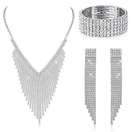 Kakonia Brautschmuck-Set für Hochzeit, Braut, Quaste, Strass, Halskette, Armband, Ohrringe, für Frauen, Abschlussball, Party, Schmuck-Set Silber von Kakonia