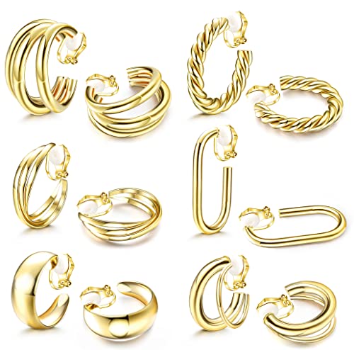 Kakonia 6 Paar Ohrclips Damen Ohne Ohrlöcher Chunky Creolen Twist Triple Square Creolen Ohrklipser Ohrclips Mädchen Kein Piercing Clip Ohrringe Set von Kakonia