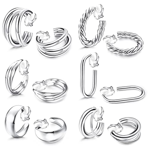 Kakonia 6 Paar Ohrclips Damen Ohne Ohrlöcher Chunky Creolen Twist Triple Square Creolen Ohrklipser Ohrclips Mädchen Kein Piercing Clip Ohrringe Set von Kakonia