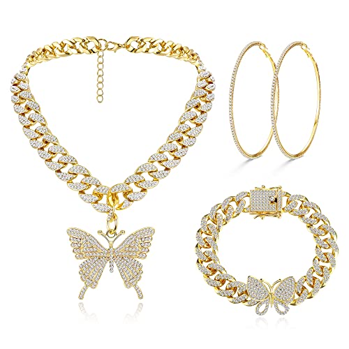 Kakonia Cuban Link Kette Schmuck Set Bling Strass Schmetterling Anhänger Halskette Armband und Crystal Large Hoop Ohrringe Set Silber Gold Zubehör Schmuck Set für Frauen von Kakonia