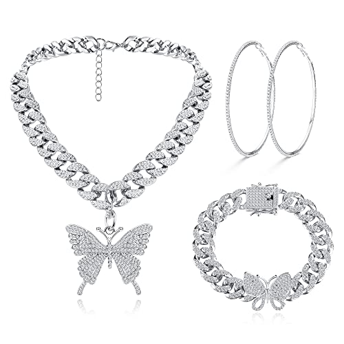 Kakonia Cuban Link Kette Schmuck Set Bling Strass Schmetterling Anhänger Halskette Armband und Crystal Large Hoop Ohrringe Set Silber Gold Zubehör Schmuck Set für Frauen von Kakonia