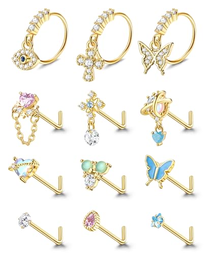 Kakonia Dangle Nasenpiercings L Form Nasenstecker für Damen Edelstahl Nasen Ringe CZ Herz Schmetterling Nasenspiercing Schmuck Gold Tone von Kakonia