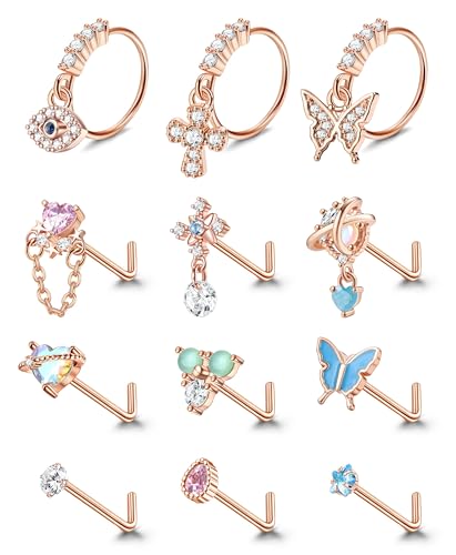 Kakonia Dangle Nasenpiercings L Form Nasenstecker für Damen Edelstahl Nasen Ringe CZ Herz Schmetterling Nasenspiercing Schmuck Rose Gold Tone von Kakonia
